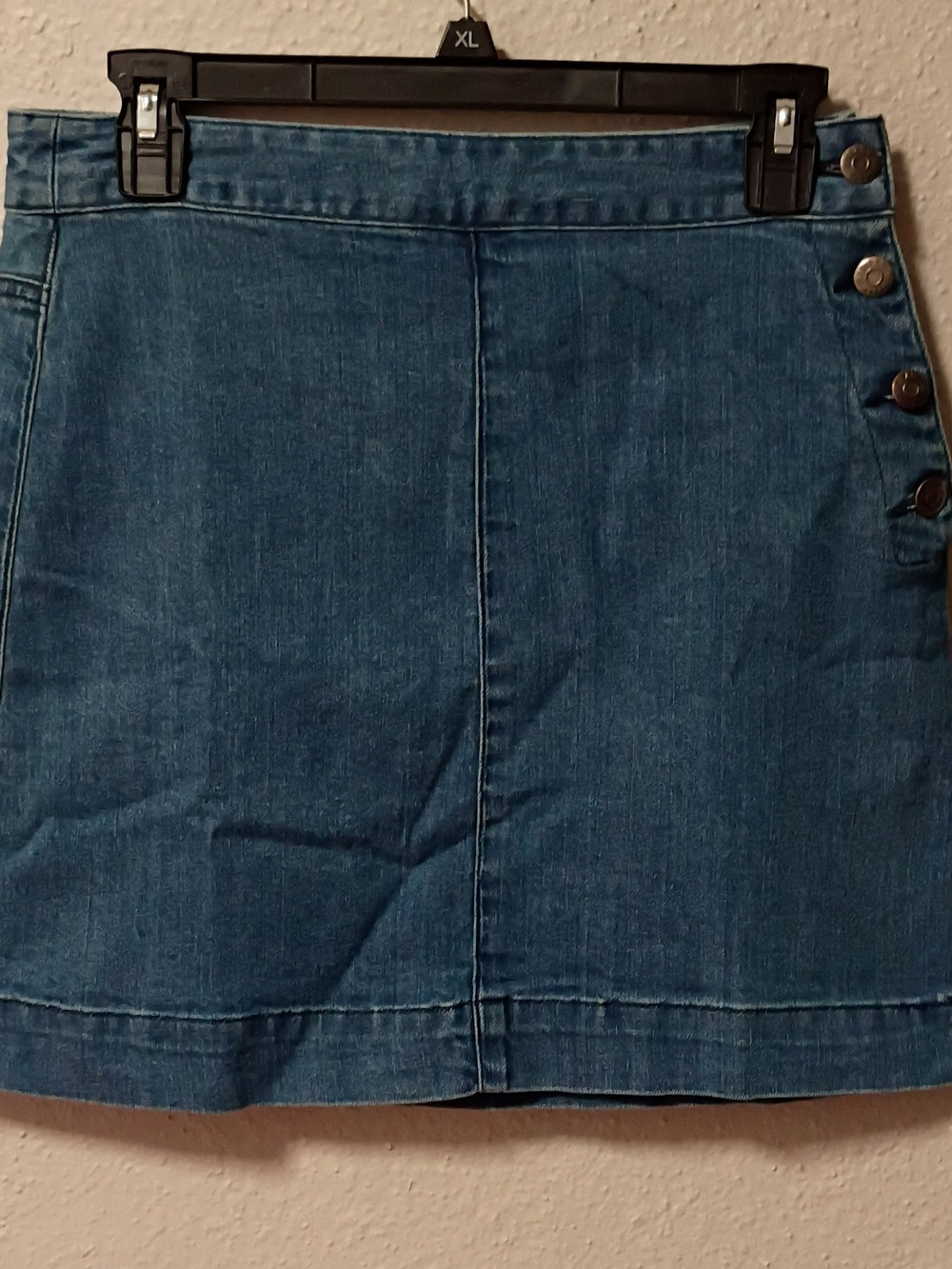 Button-Accent Blue Denim Mini Skirt